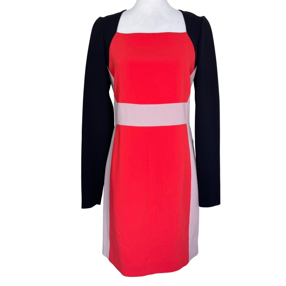 EMILIO PUCCI Women's 10 Red Orange Black Colorblock Wool Silk Sheath Midi Dress